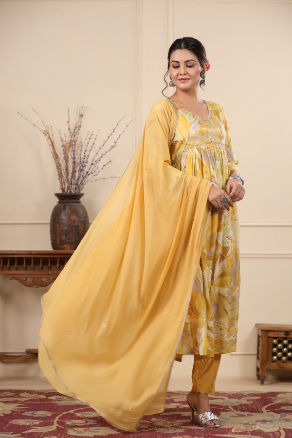 Yellow Handworked Alia-Cut Anarkali Suit Set