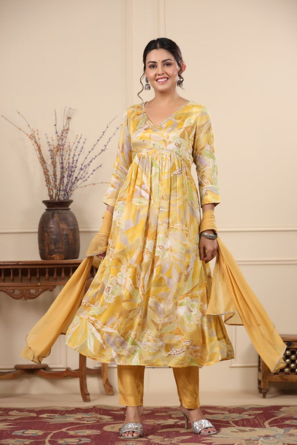 Yellow Handworked Alia-Cut Anarkali Suit Set