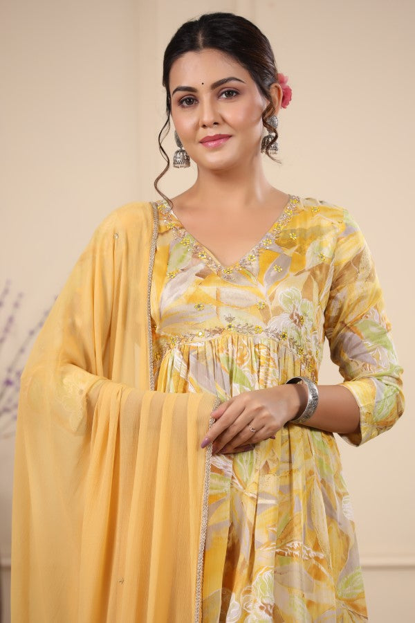 Yellow Handworked Alia-Cut Anarkali Suit Set