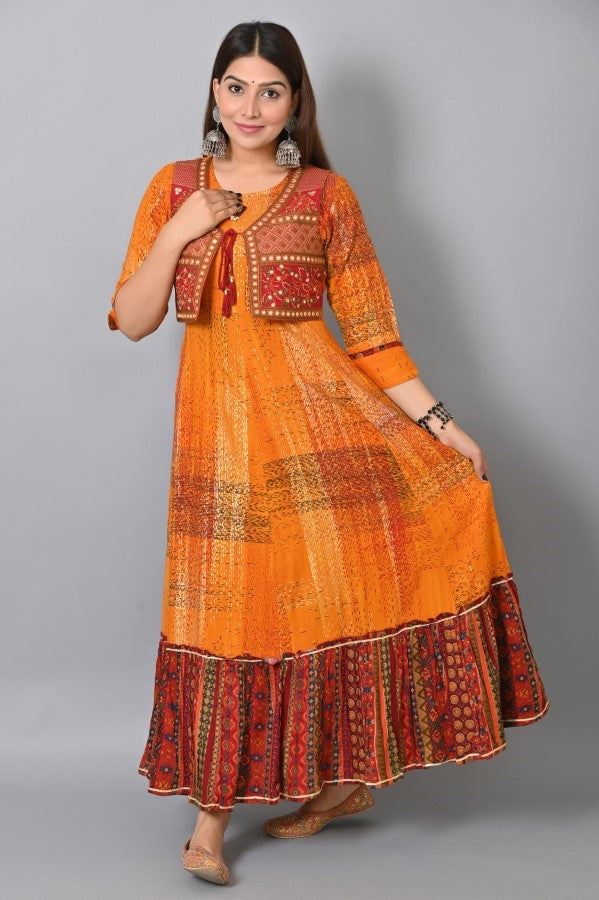 Orange Embroidered Jacket Flair Gown