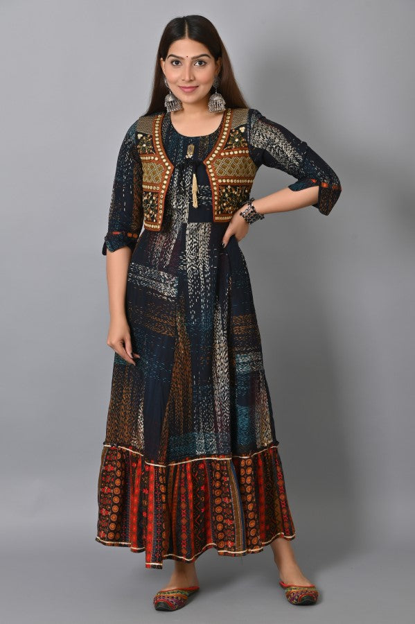 Blue Embroidered Jacket Flair Gown
