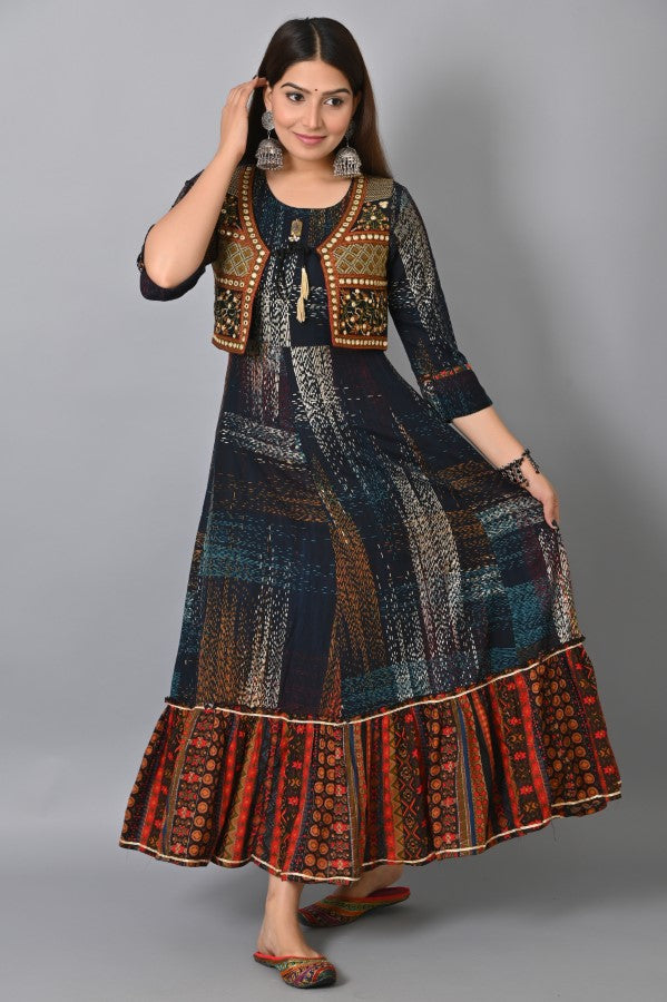 Blue Embroidered Jacket Flair Gown