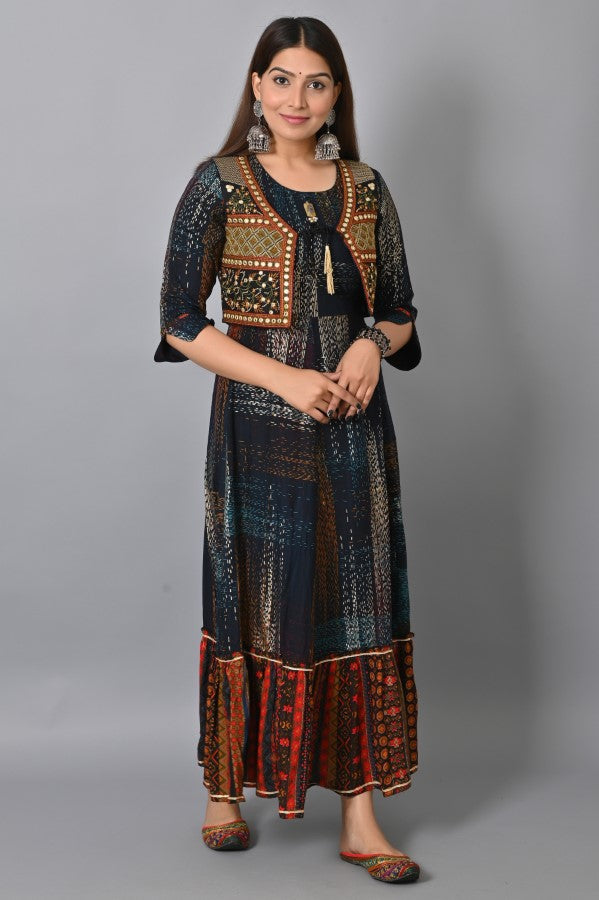 Blue Embroidered Jacket Flair Gown