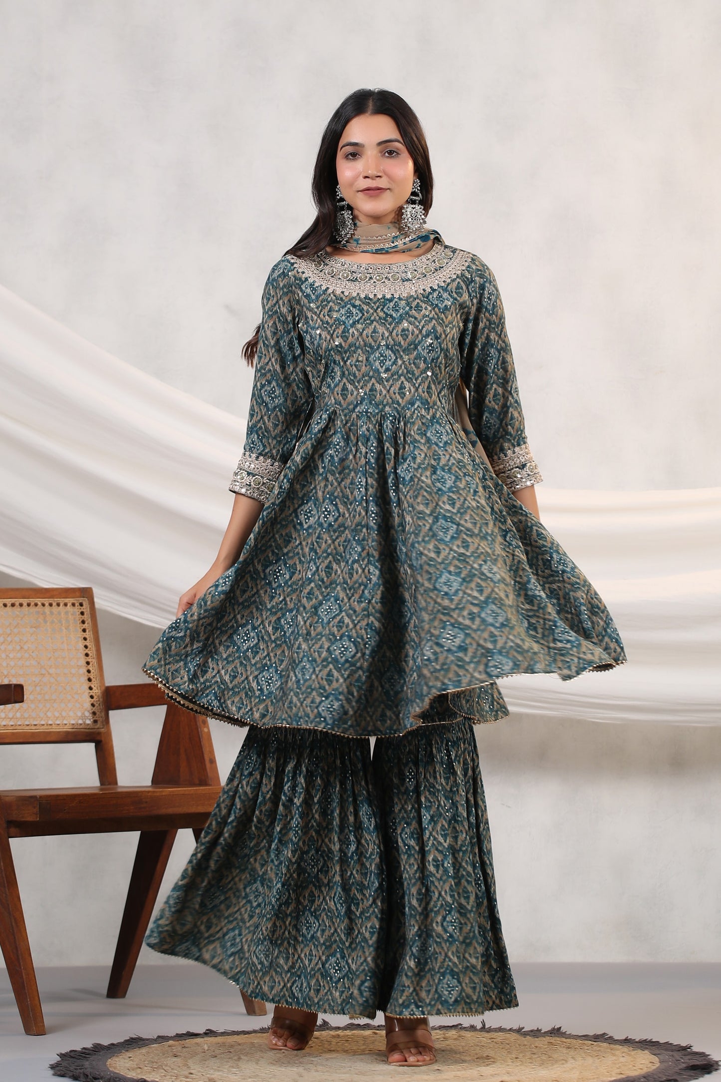 Teal-Blue Ikkat Print Muslin Sharara Set