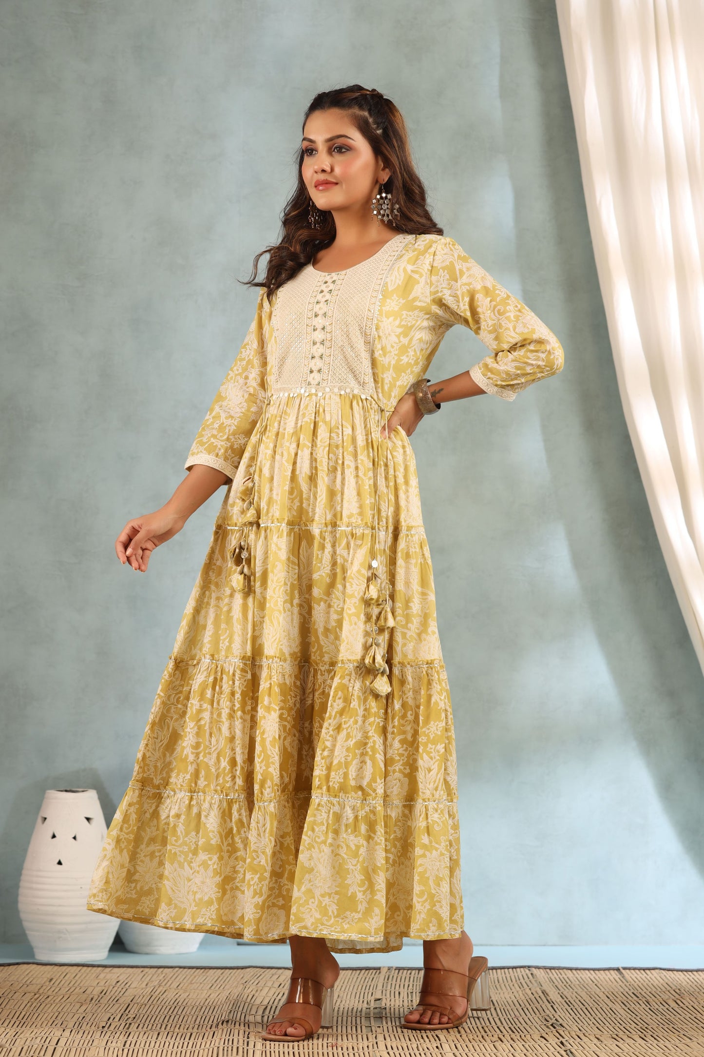 Tinted Yellow Embroidered and Handworked Anarkali Flair Gown