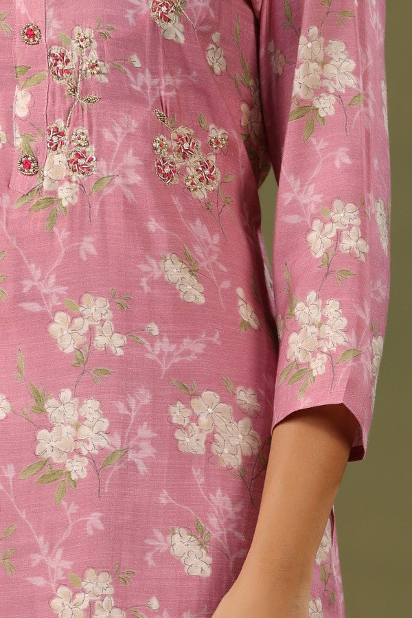 Pink Floral Handworked Straight-Cut Kurta Set