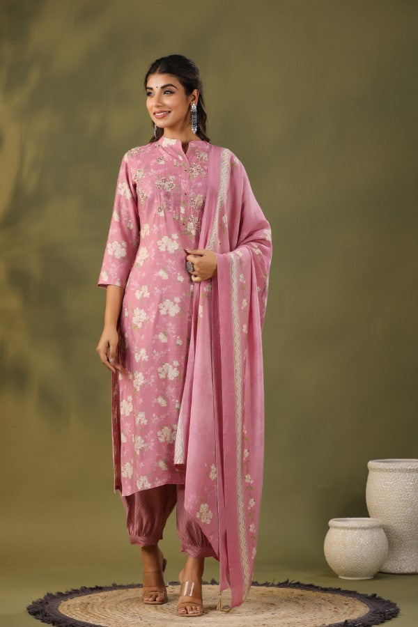 Pink Floral Handworked Straight-Cut Kurta Set