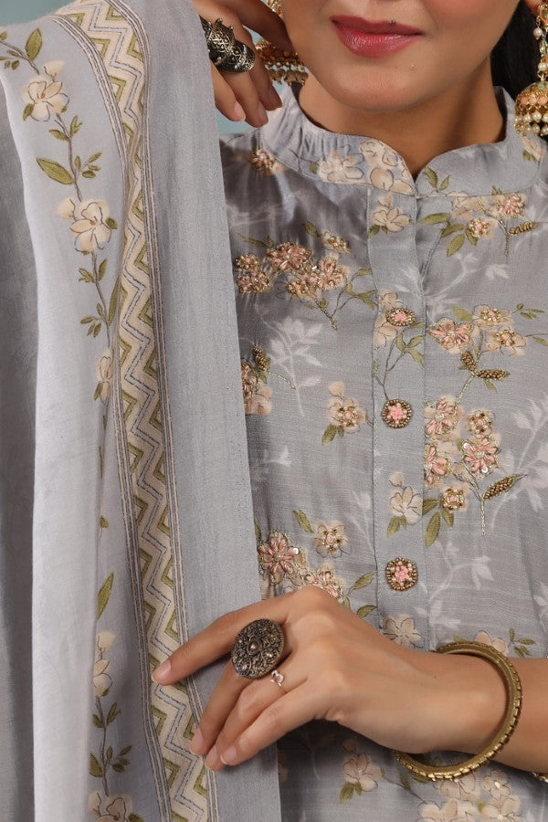 Grey Floral Handworked Straight-Cut Kurta Set