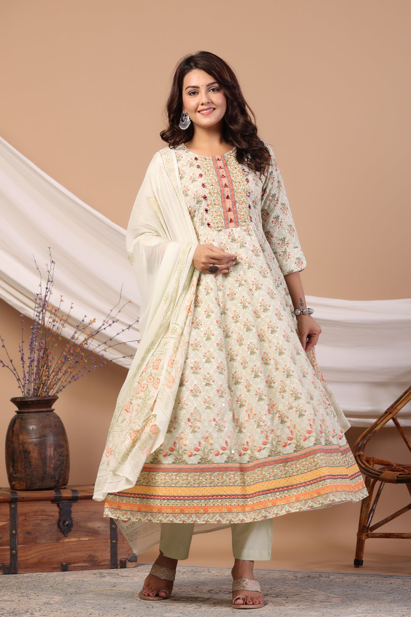 Water-Sequence Schiffli Anarkali Suit Set