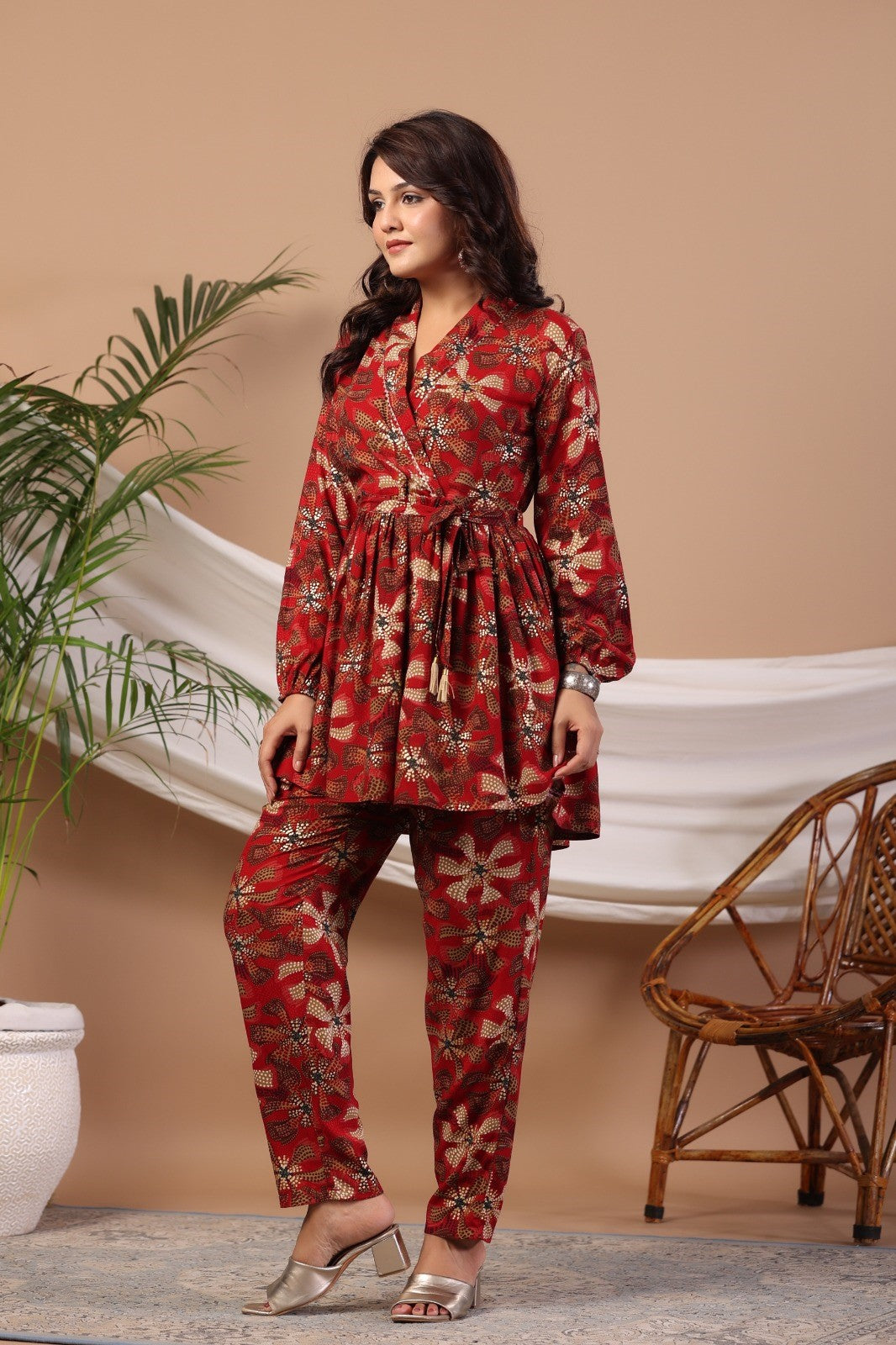 Red Abstract Print Flared Co-ord Set