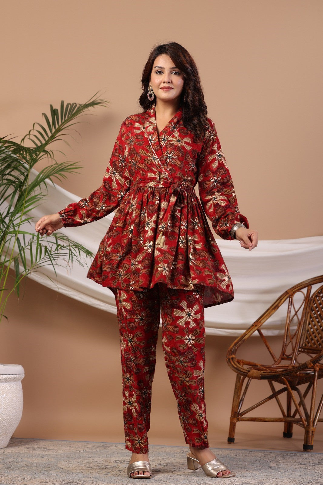Red Abstract Print Flared Co-ord Set