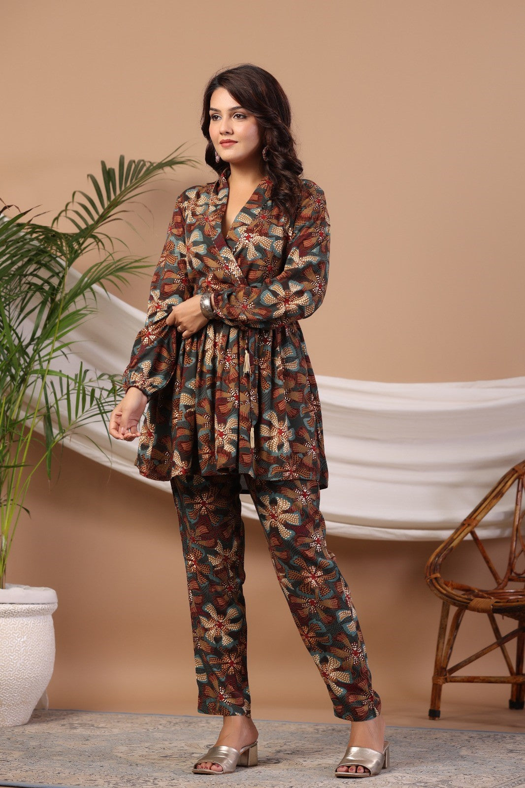 Blue Abstract Print Flared Co-ord Set