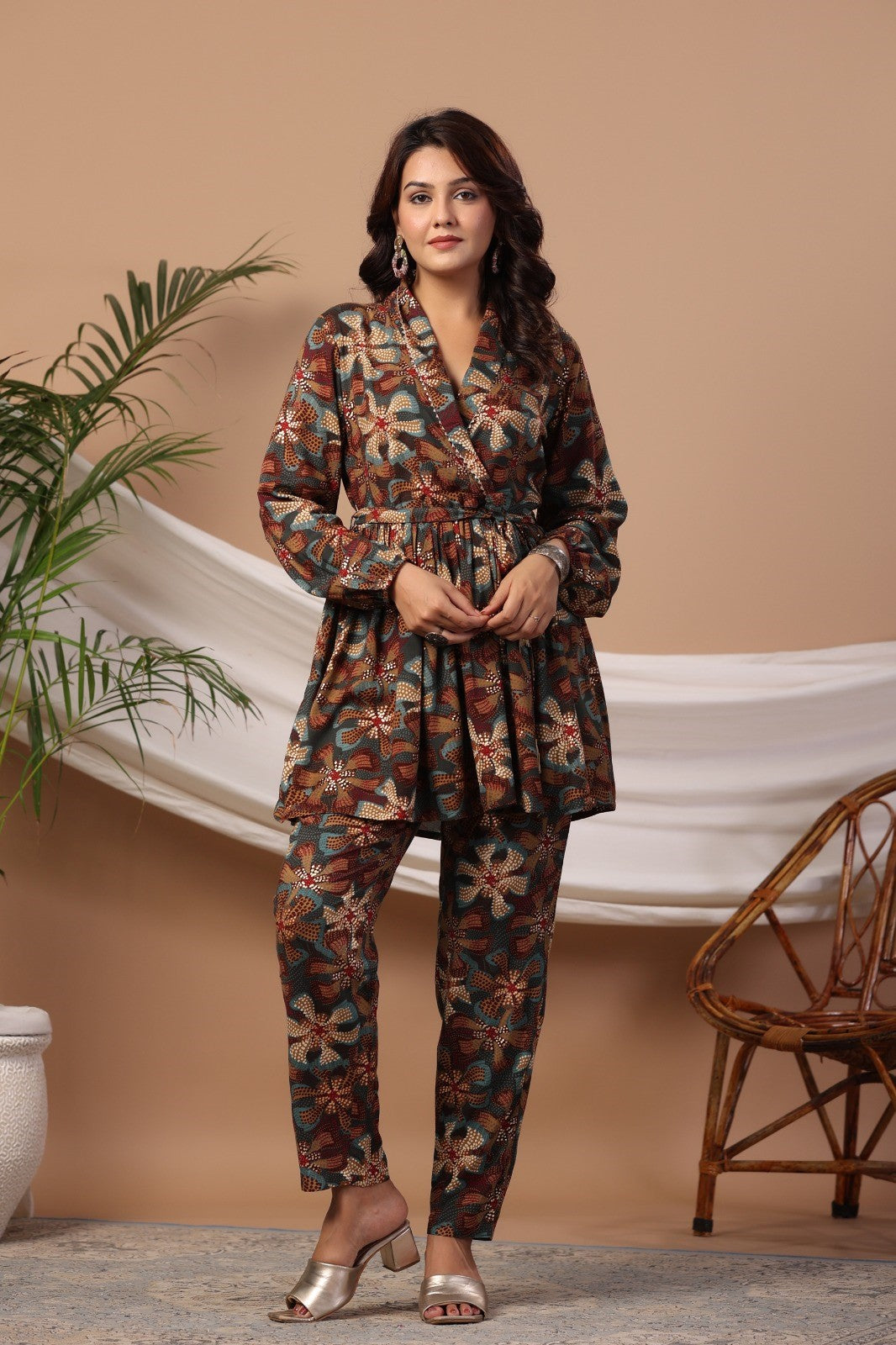 Blue Abstract Print Flared Co-ord Set