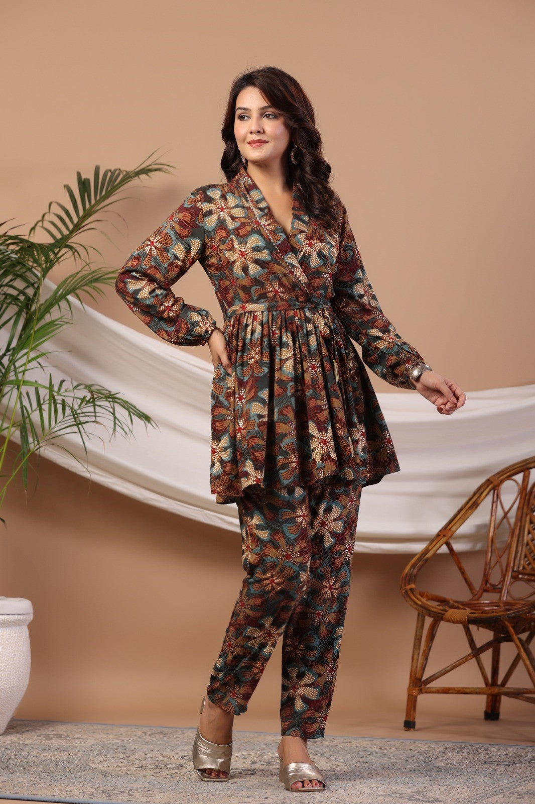 Blue Abstract Print Flared Co-ord Set