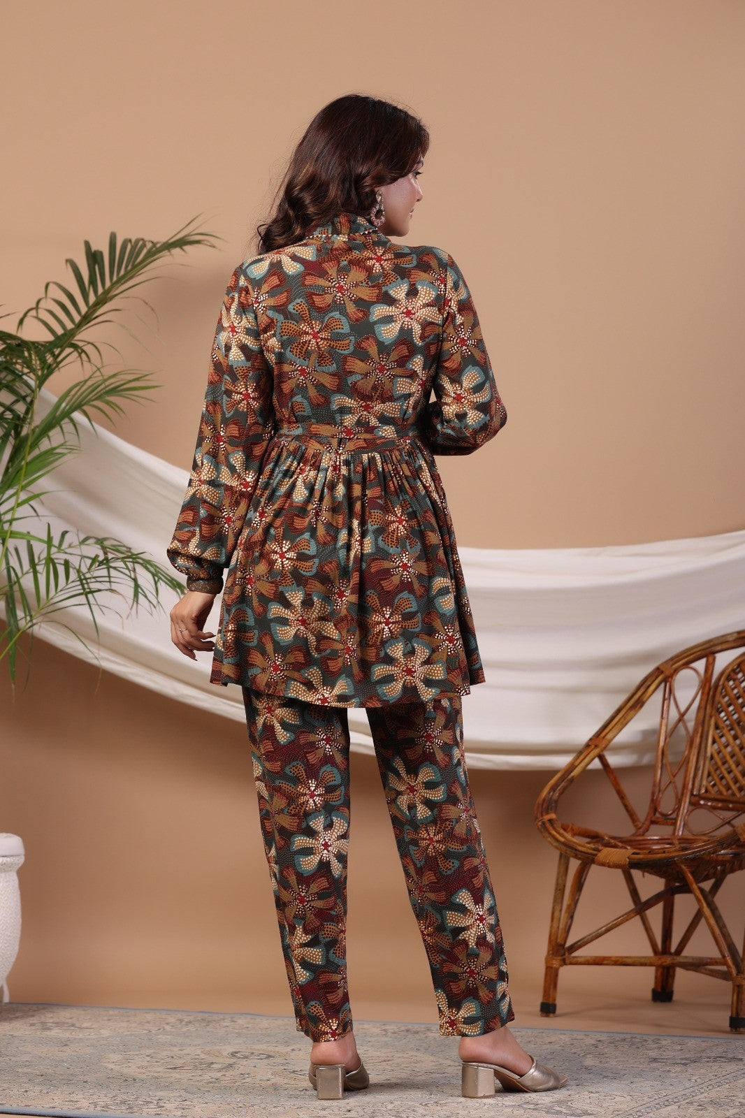 Blue Abstract Print Flared Co-ord Set