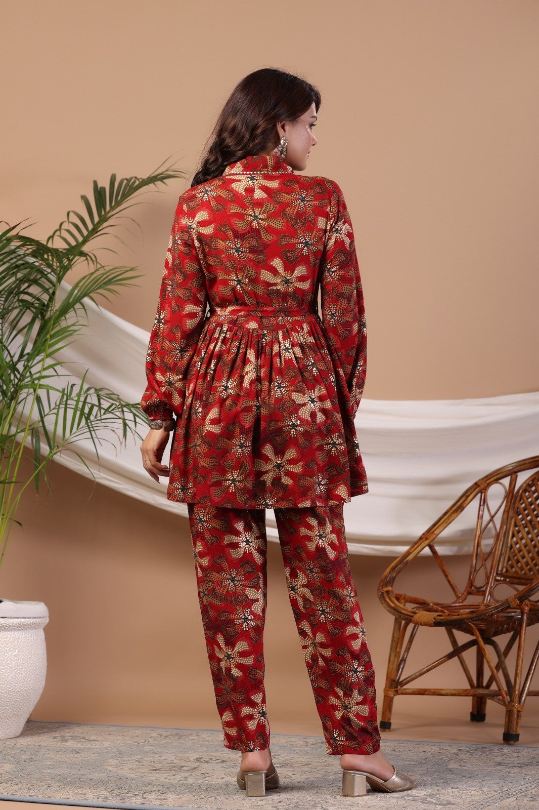 Red Abstract Print Flared Co-ord Set