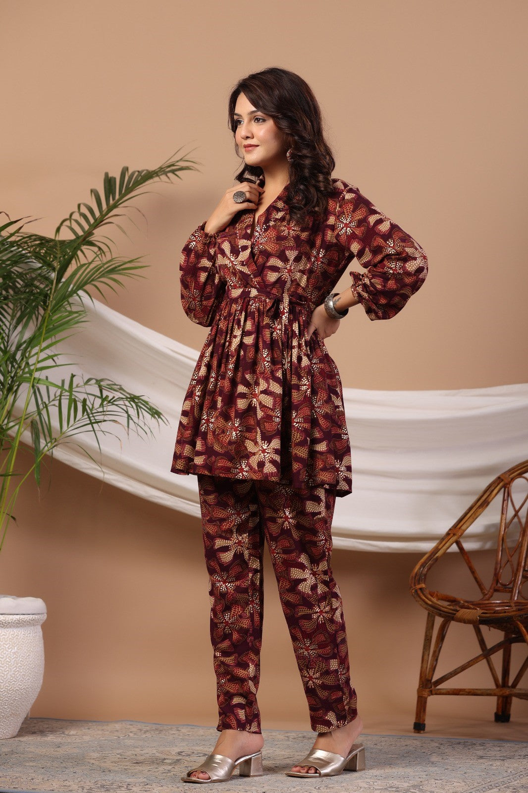 Wine Abstract Print Flared Co-ord Set