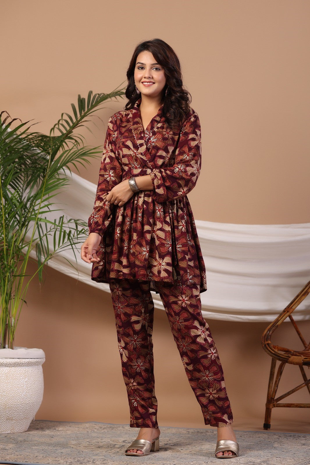 Wine Abstract Print Flared Co-ord Set