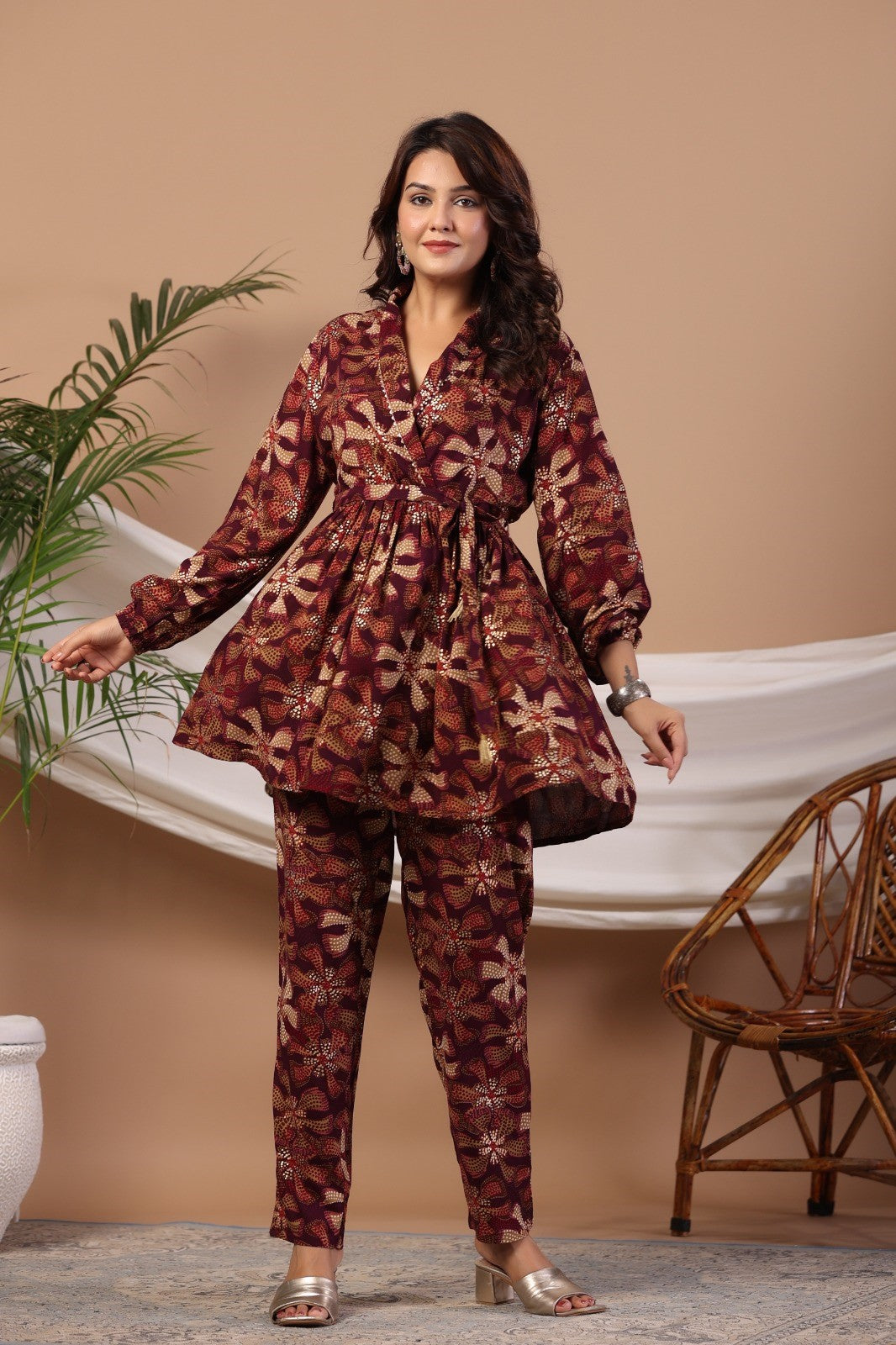 Wine Abstract Print Flared Co-ord Set