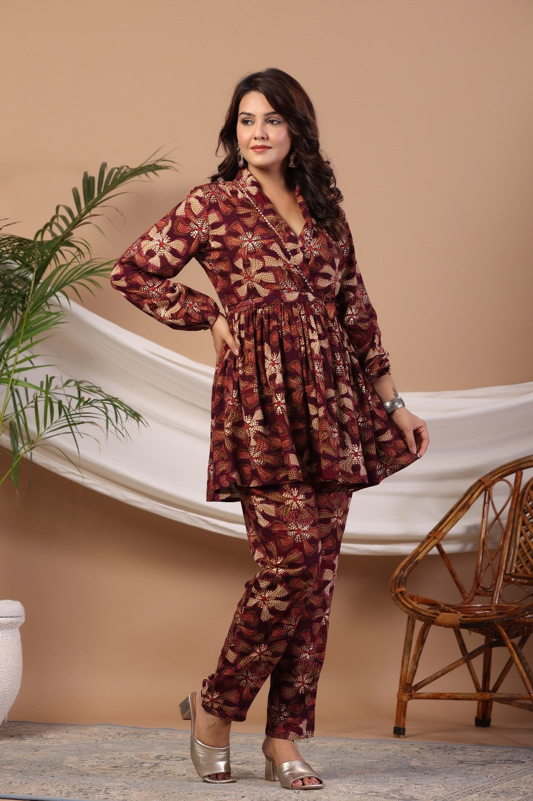 Wine Abstract Print Flared Co-ord Set