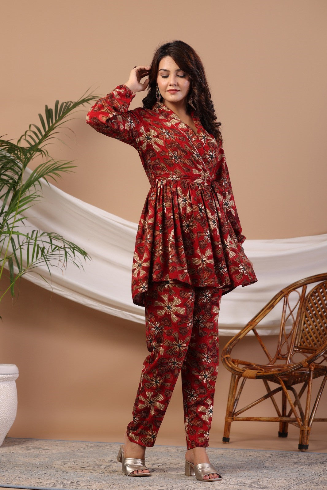Red Abstract Print Flared Co-ord Set