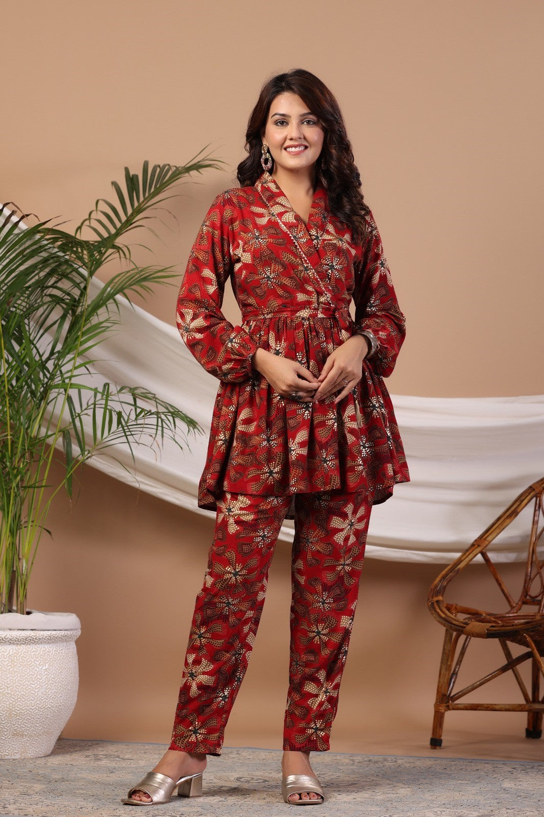 Red Abstract Print Flared Co-ord Set