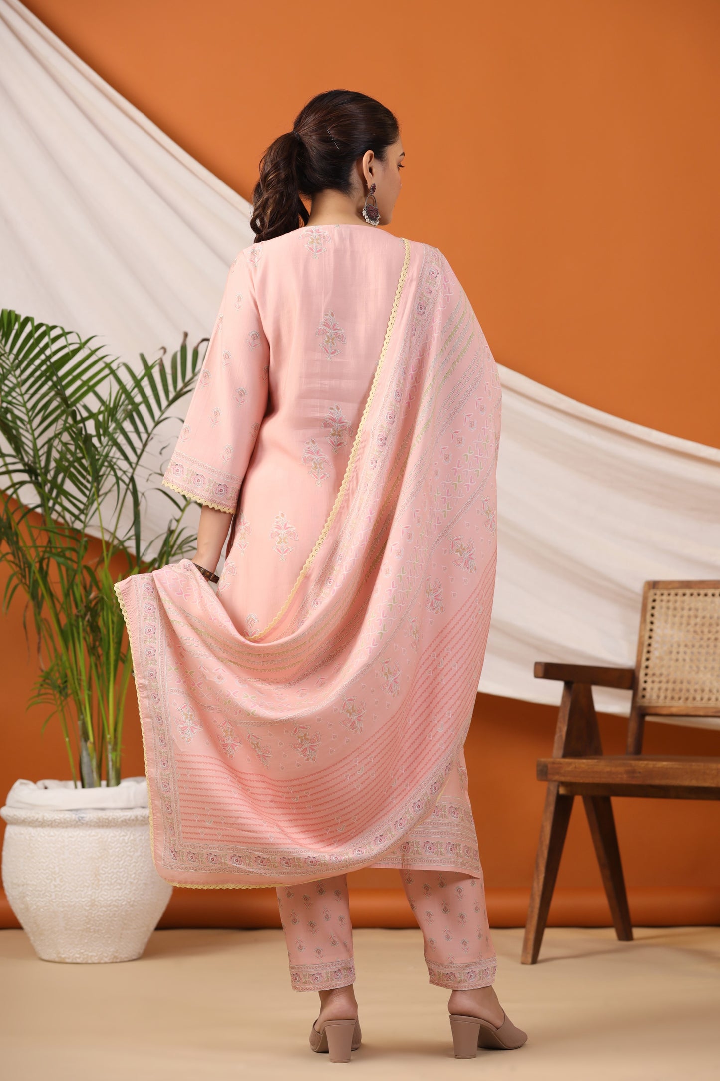 Peach Floral Print Placement Kurta & Pant Set