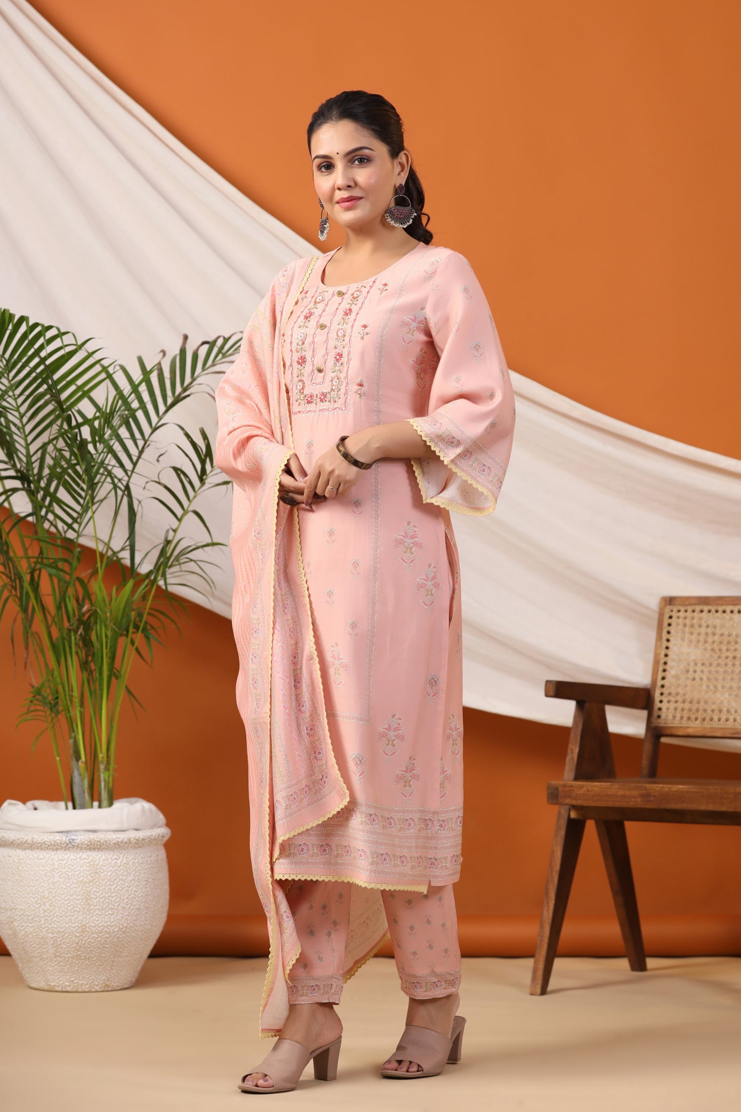 Peach Floral Print Placement Kurta & Pant Set