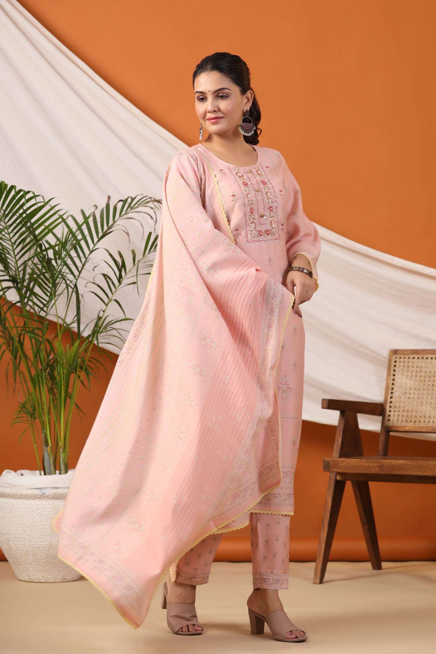 Peach Floral Print Placement Kurta & Pant Set