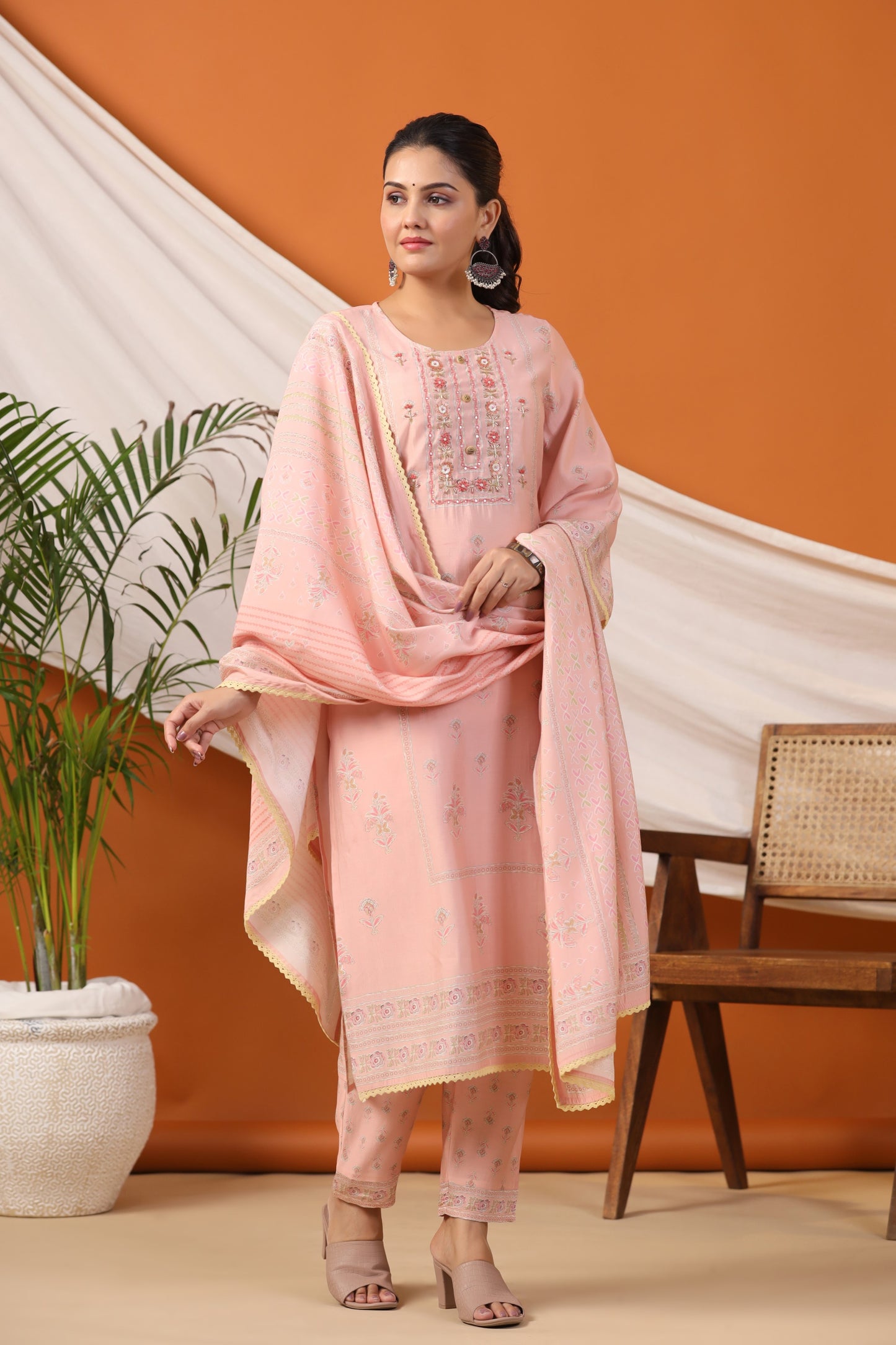 Peach Floral Print Placement Kurta & Pant Set