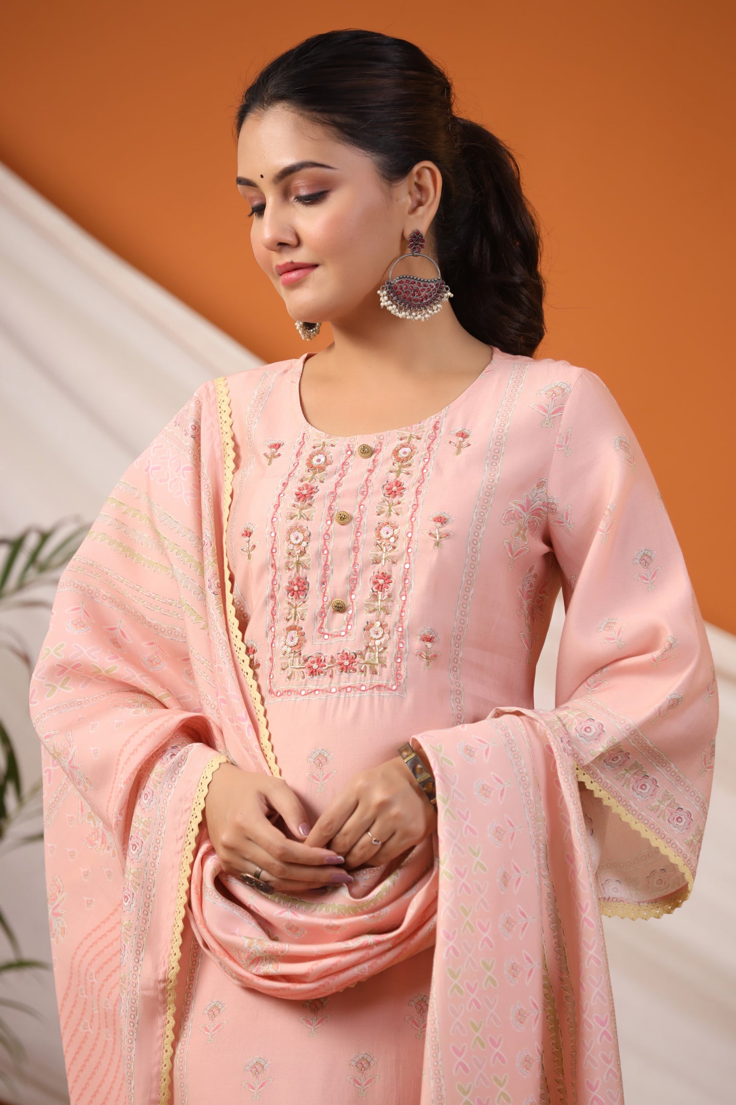 Peach Floral Print Placement Kurta & Pant Set