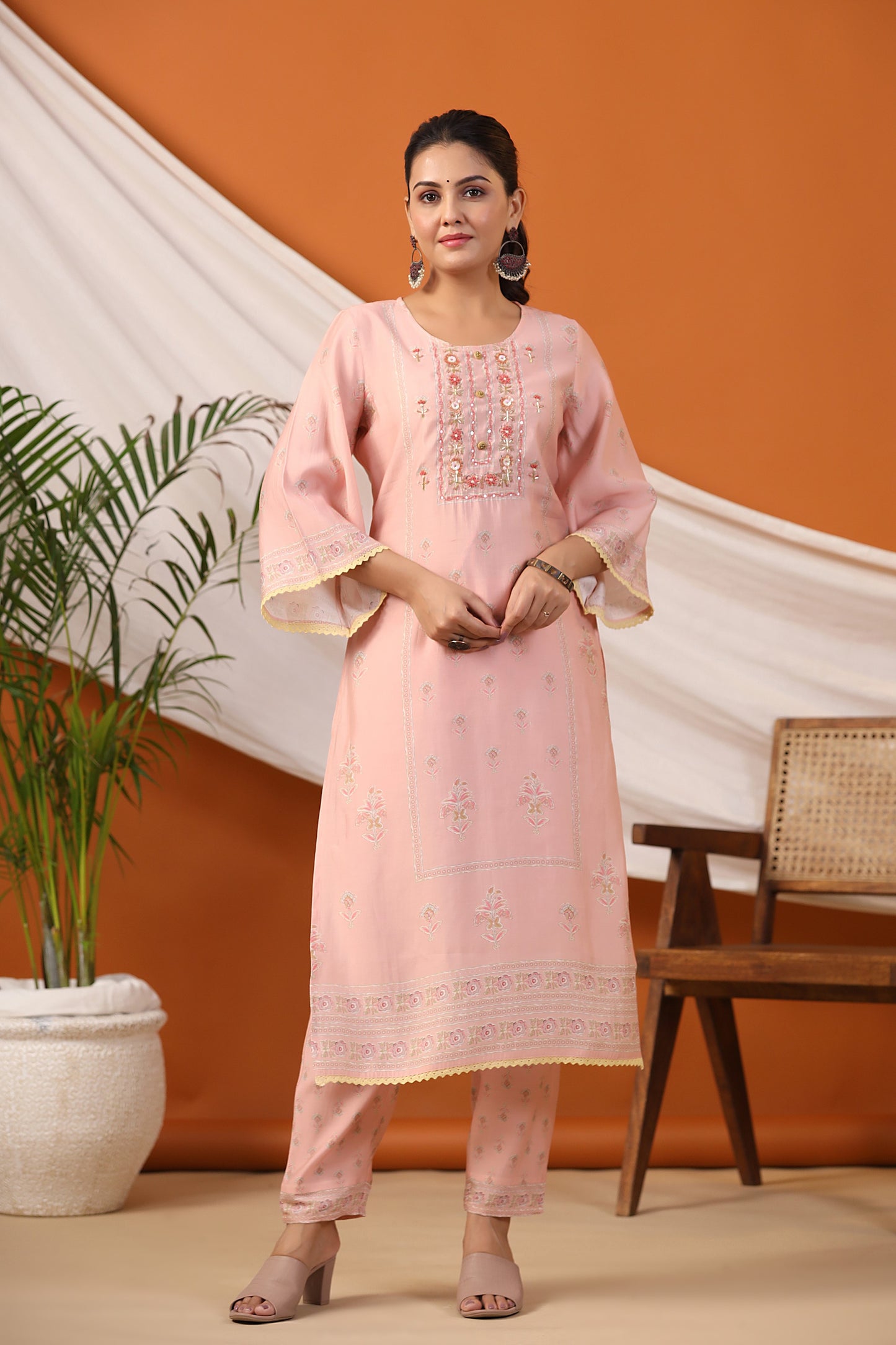 Peach Floral Print Placement Kurta & Pant Set