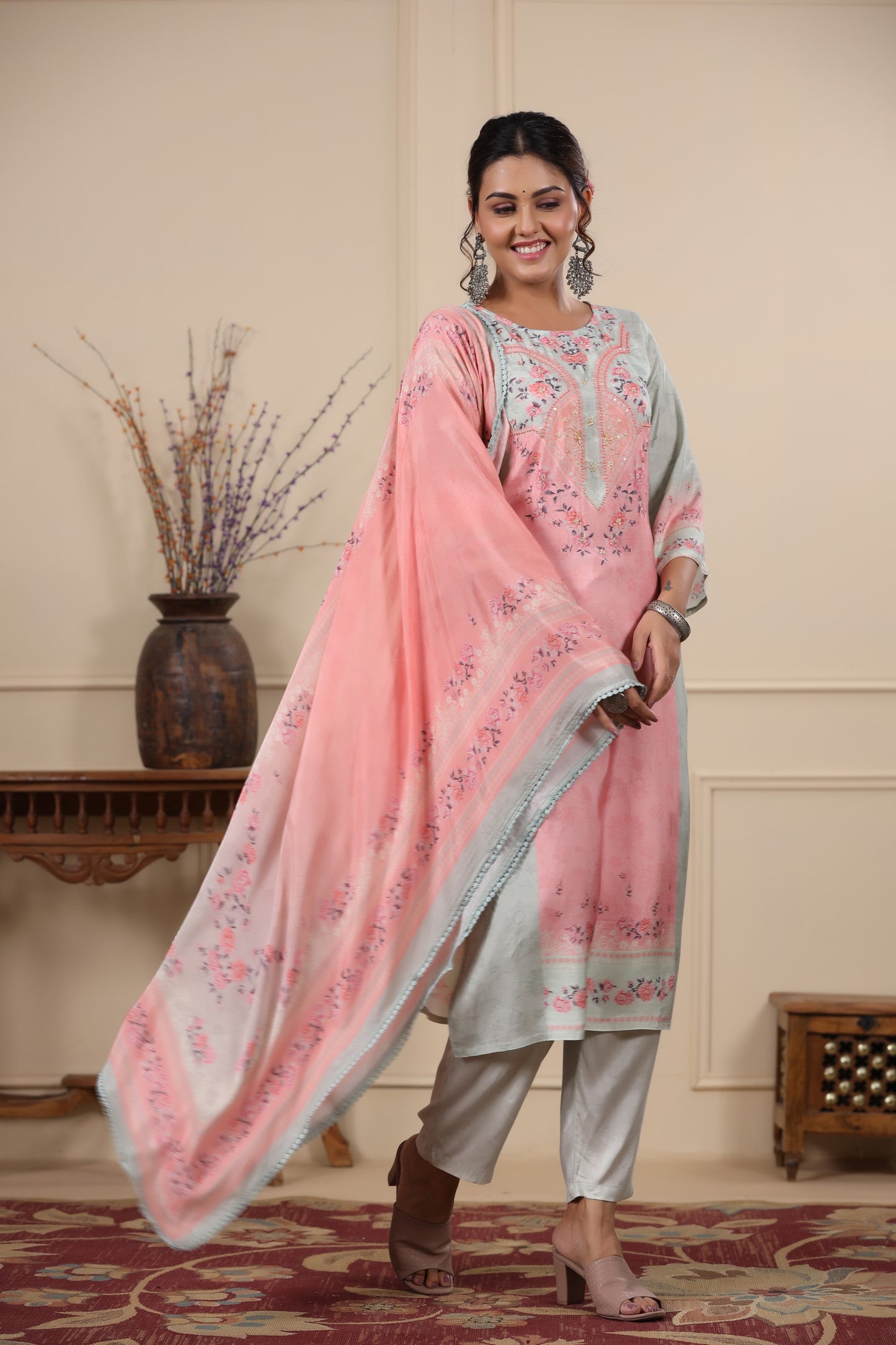 Light Pink Floral Placement Print Kurta & Pant Set
