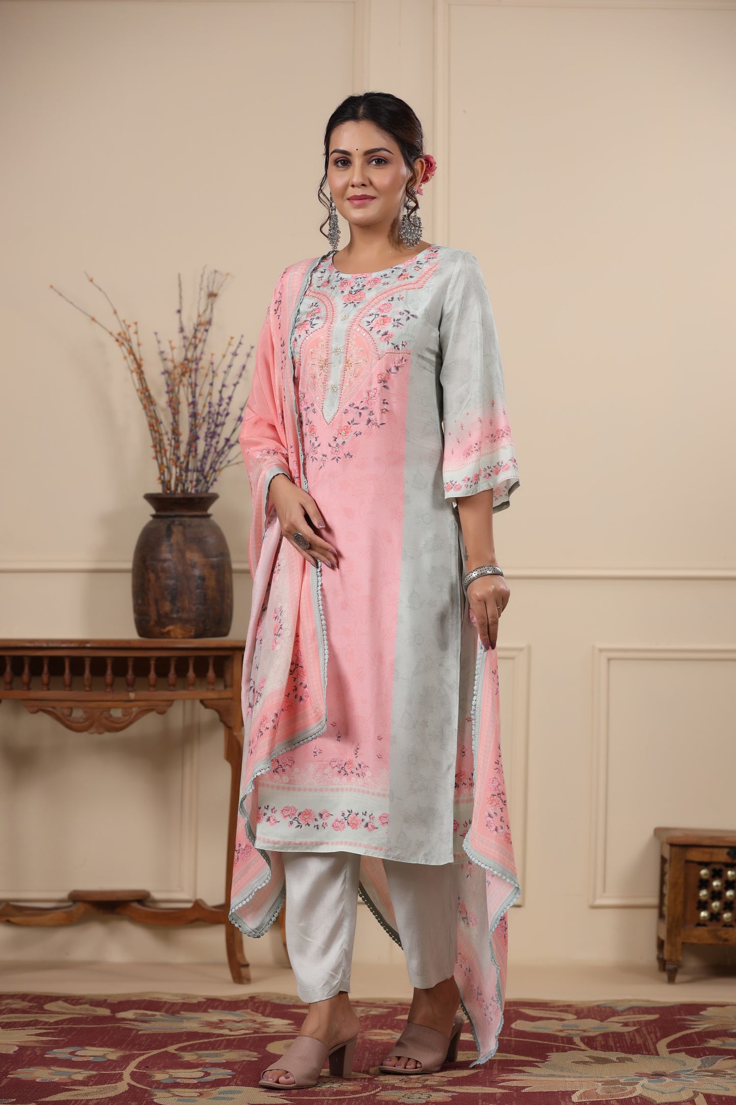 Light Pink Floral Placement Print Kurta & Pant Set