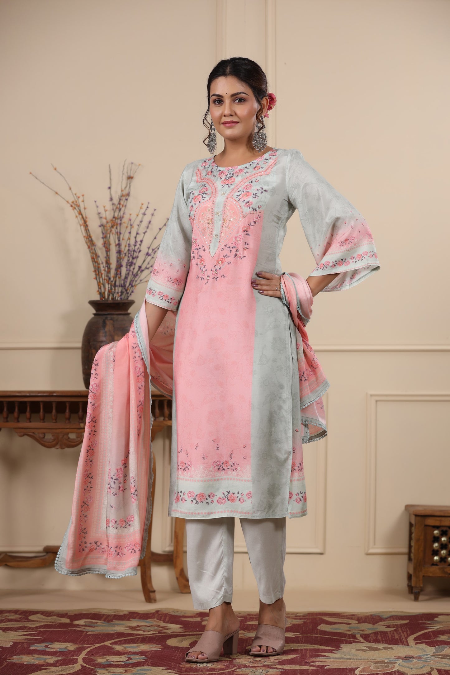 Light Pink Floral Placement Print Kurta & Pant Set