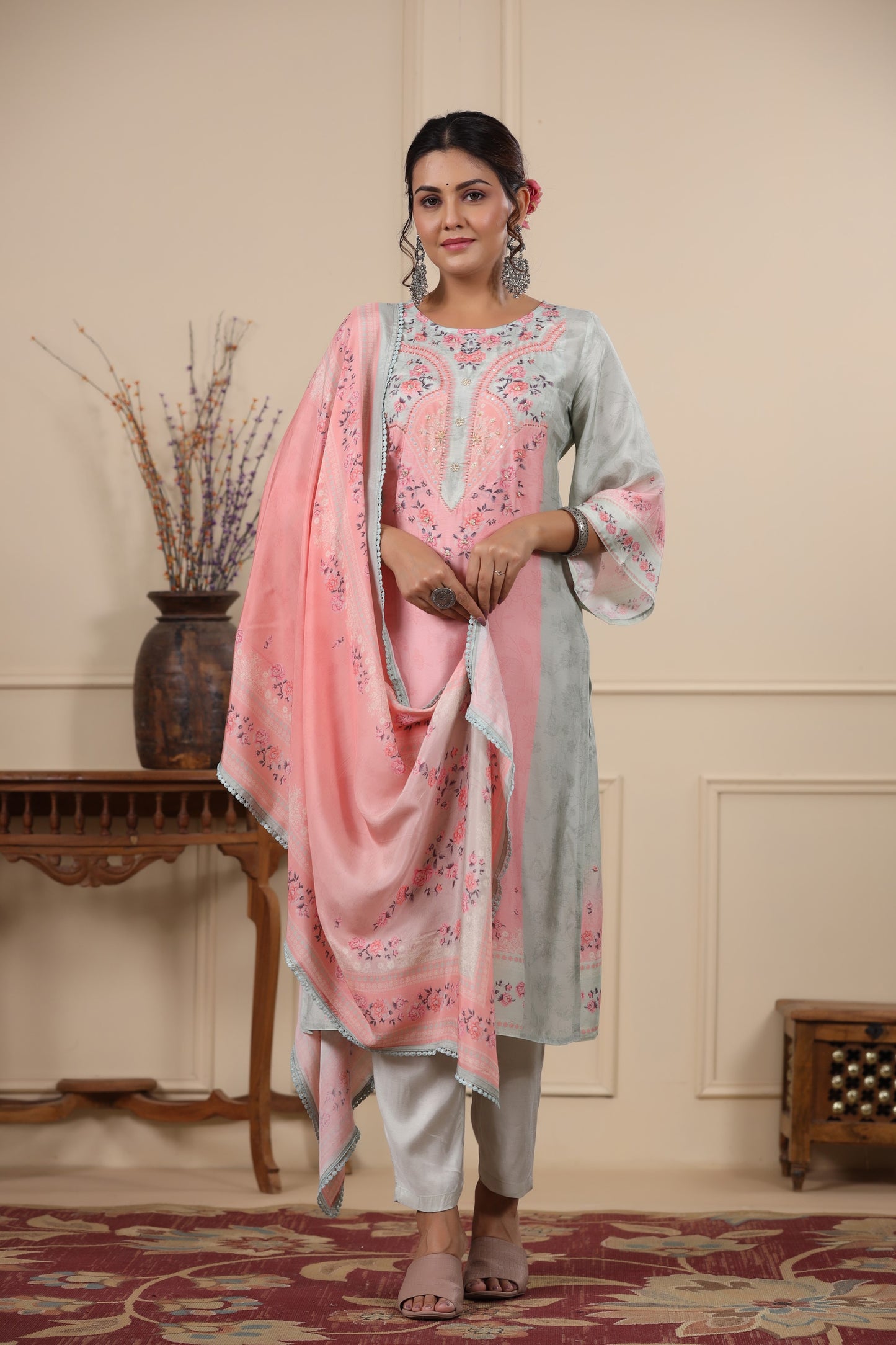 Light Pink Floral Placement Print Kurta & Pant Set