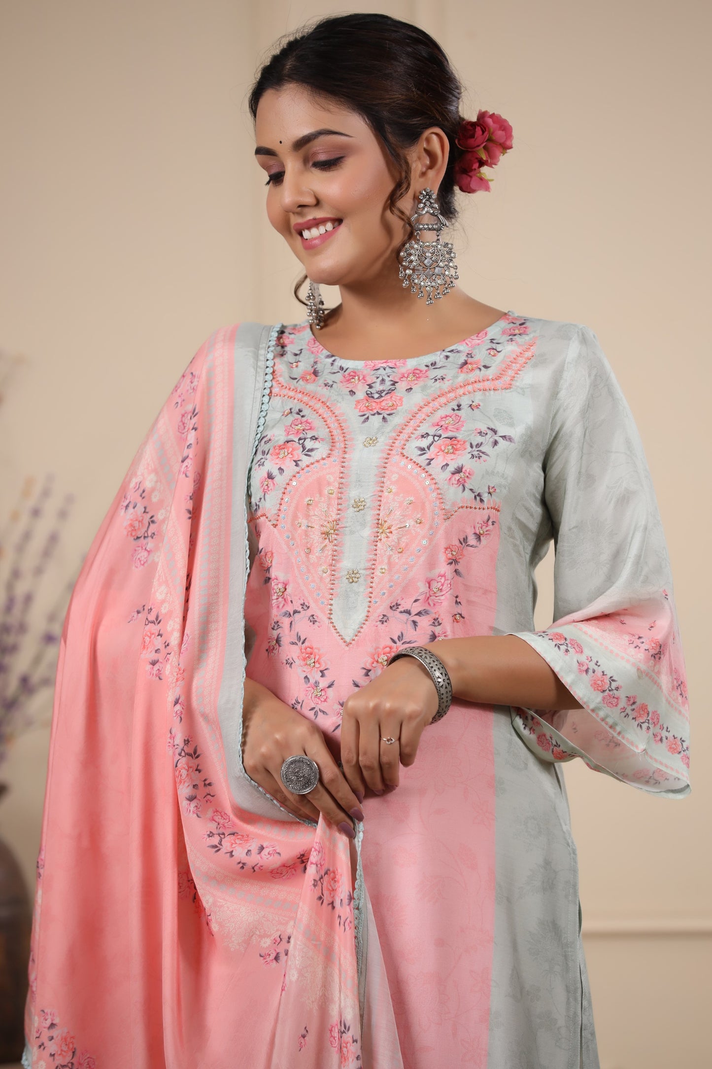 Light Pink Floral Placement Print Kurta & Pant Set