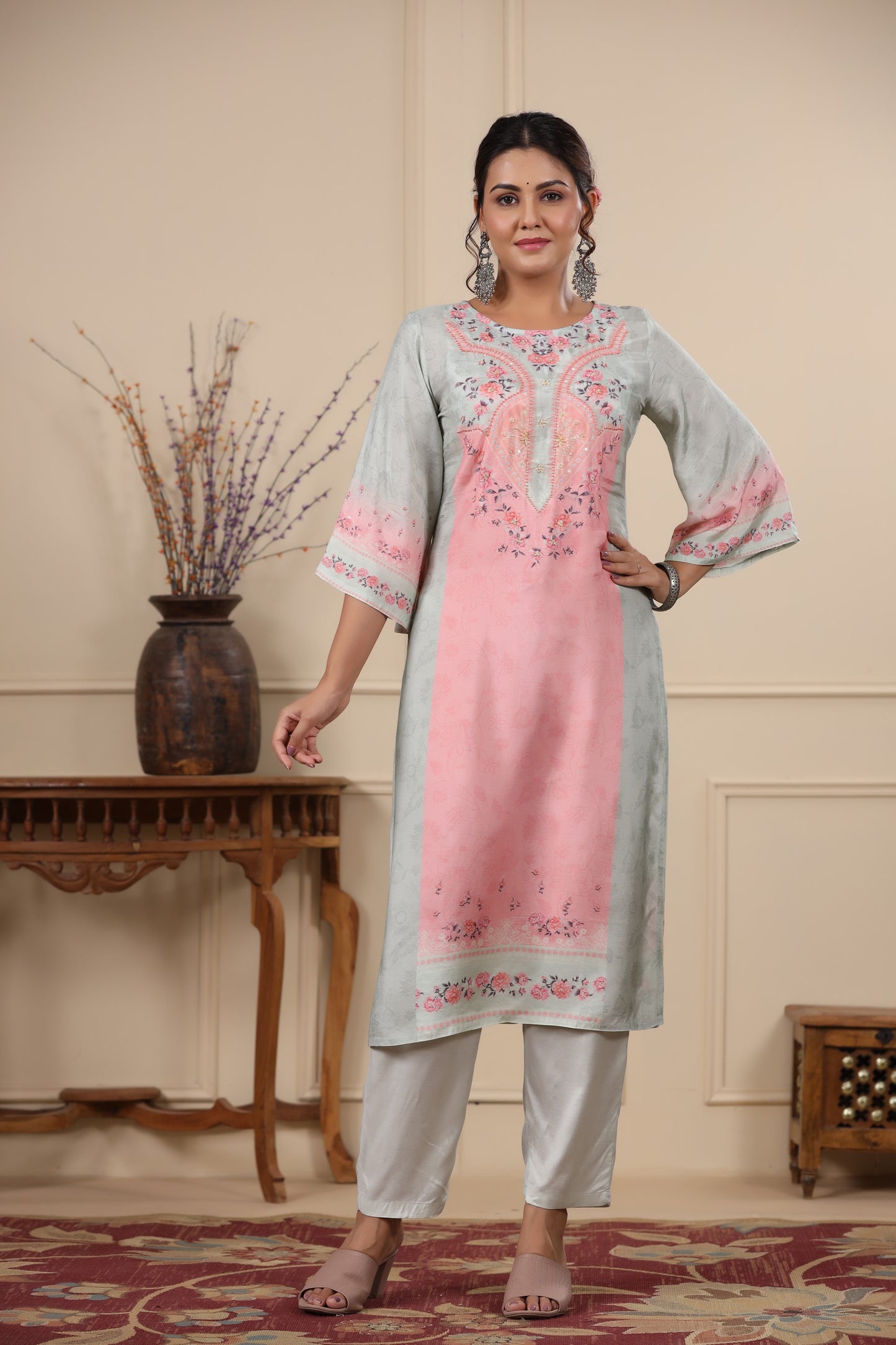 Light Pink Floral Placement Print Kurta & Pant Set