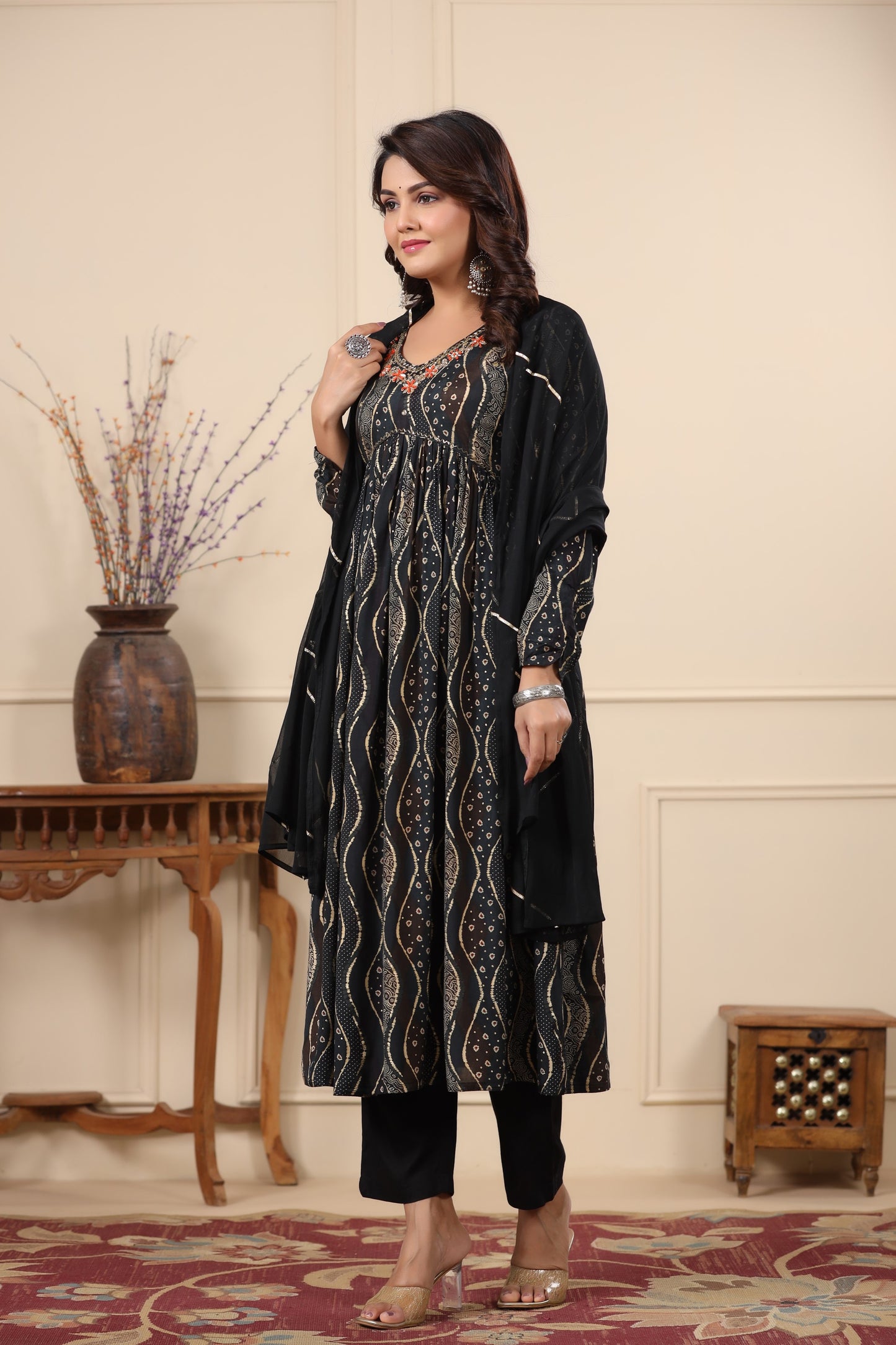 Black Alia Cut Anarkali Suit Set