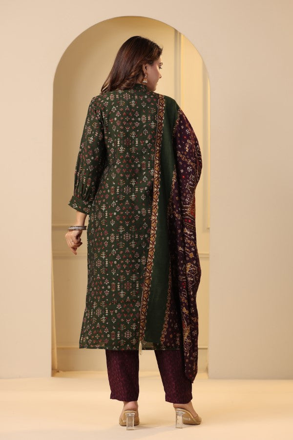 Olive Green Plaquette Handworked Straight-Cut Kurta Suit Set