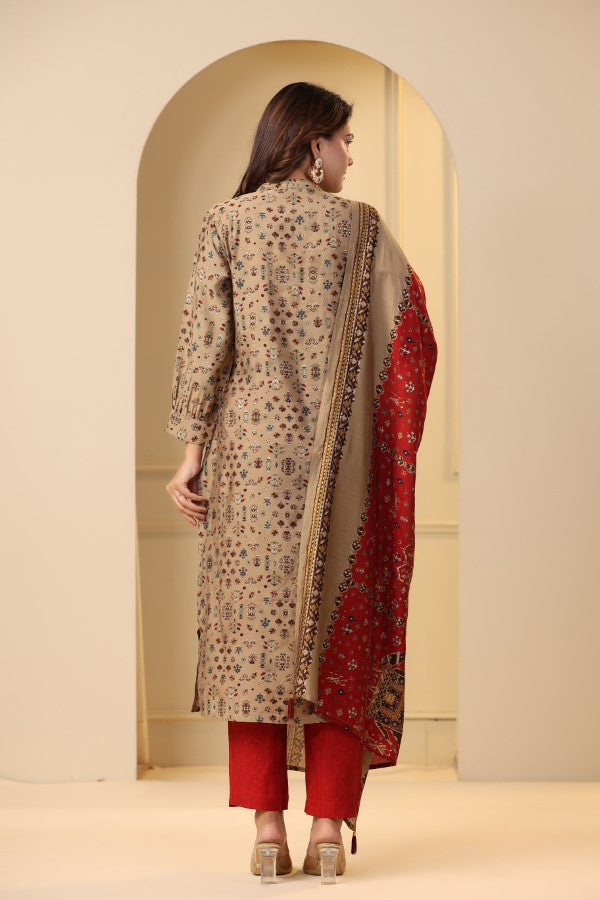 Beige Plaquette Handworked Straight-Cut Kurta Suit Set