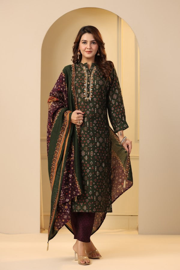Olive Green Plaquette Handworked Straight-Cut Kurta Suit Set