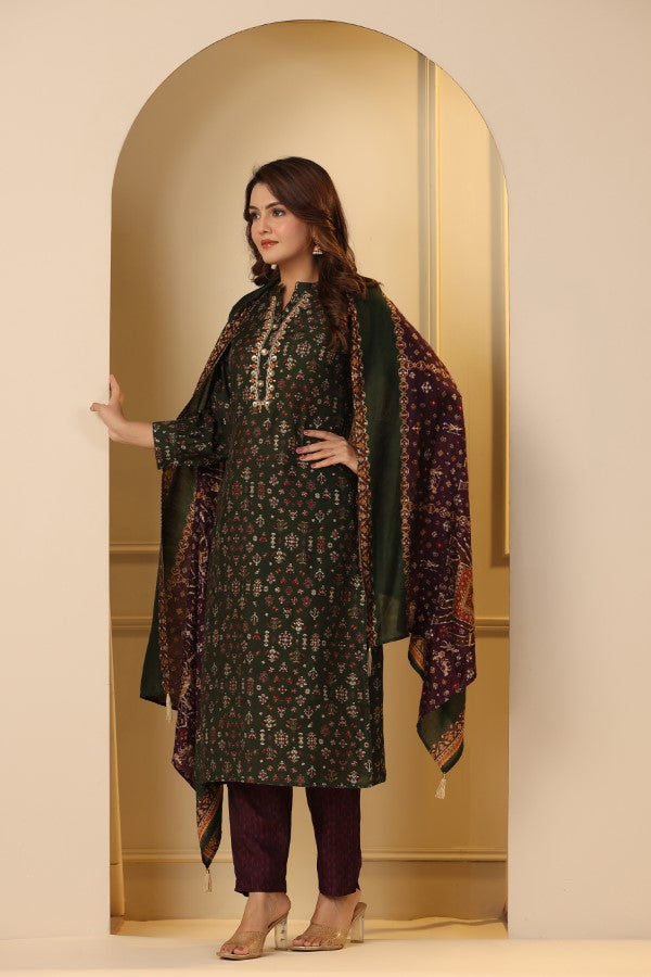 Olive Green Plaquette Handworked Straight-Cut Kurta Suit Set