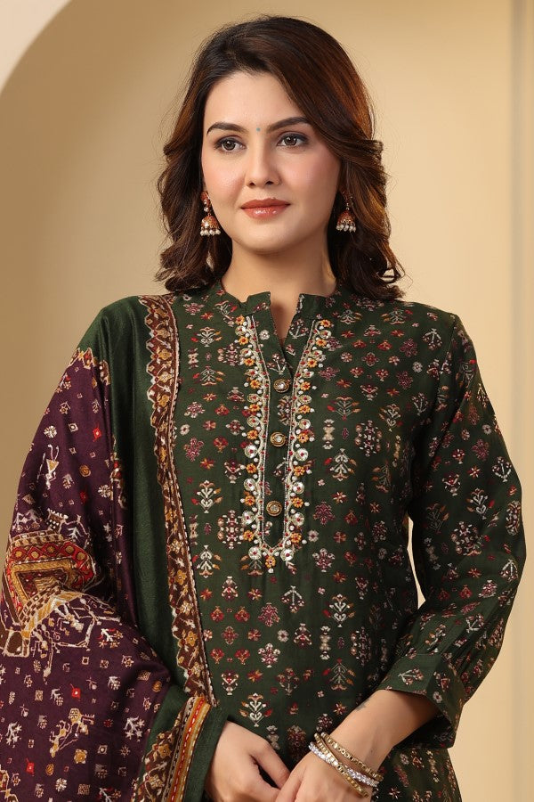 Olive Green Plaquette Handworked Straight-Cut Kurta Suit Set