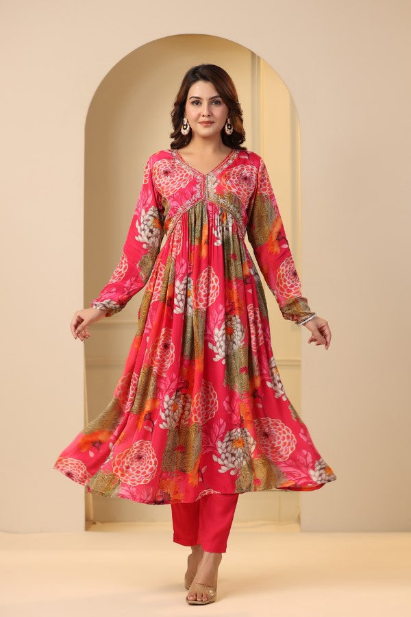 Pink Floral Handwork Alia cut Anarkali Suit Set