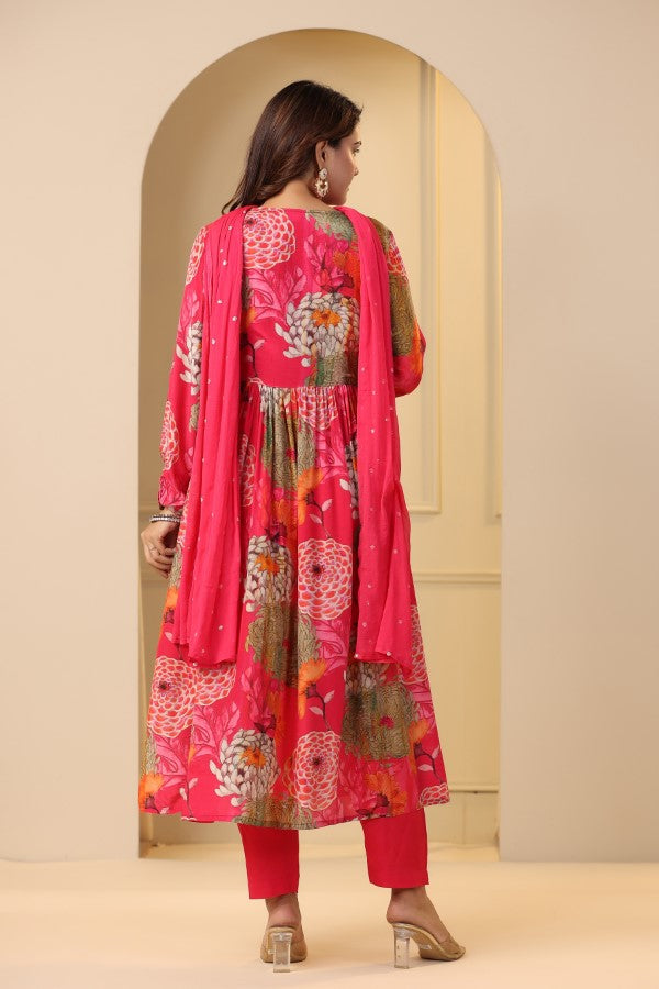 Pink Floral Handwork Alia cut Anarkali Suit Set