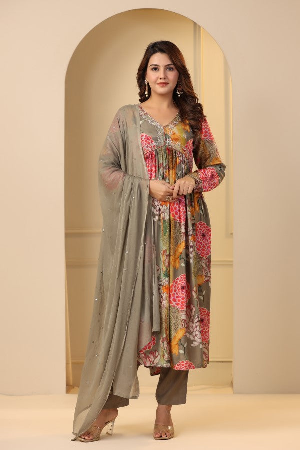 Grey Floral Print Handworked Alia-Cut Anarkali Kurta Suit Set
