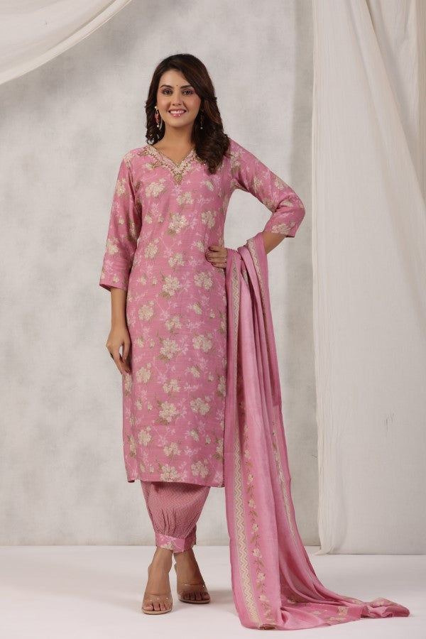 Pink Floral Handworked Straight-Cut Kurta Set