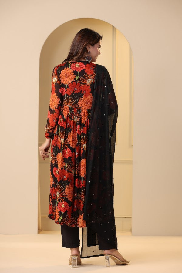 Red Floral Handworked Alia cut Suit