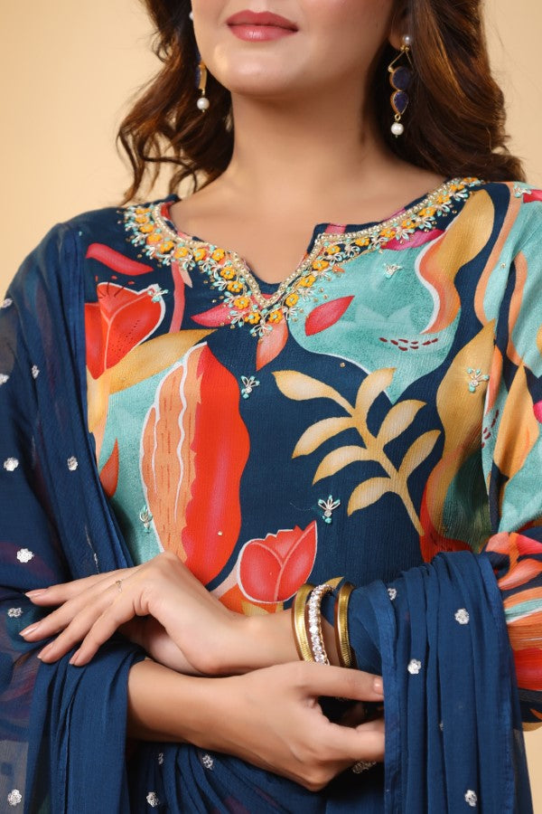 Blue Floral Handworked Straight-Cut Kurta Suit Set